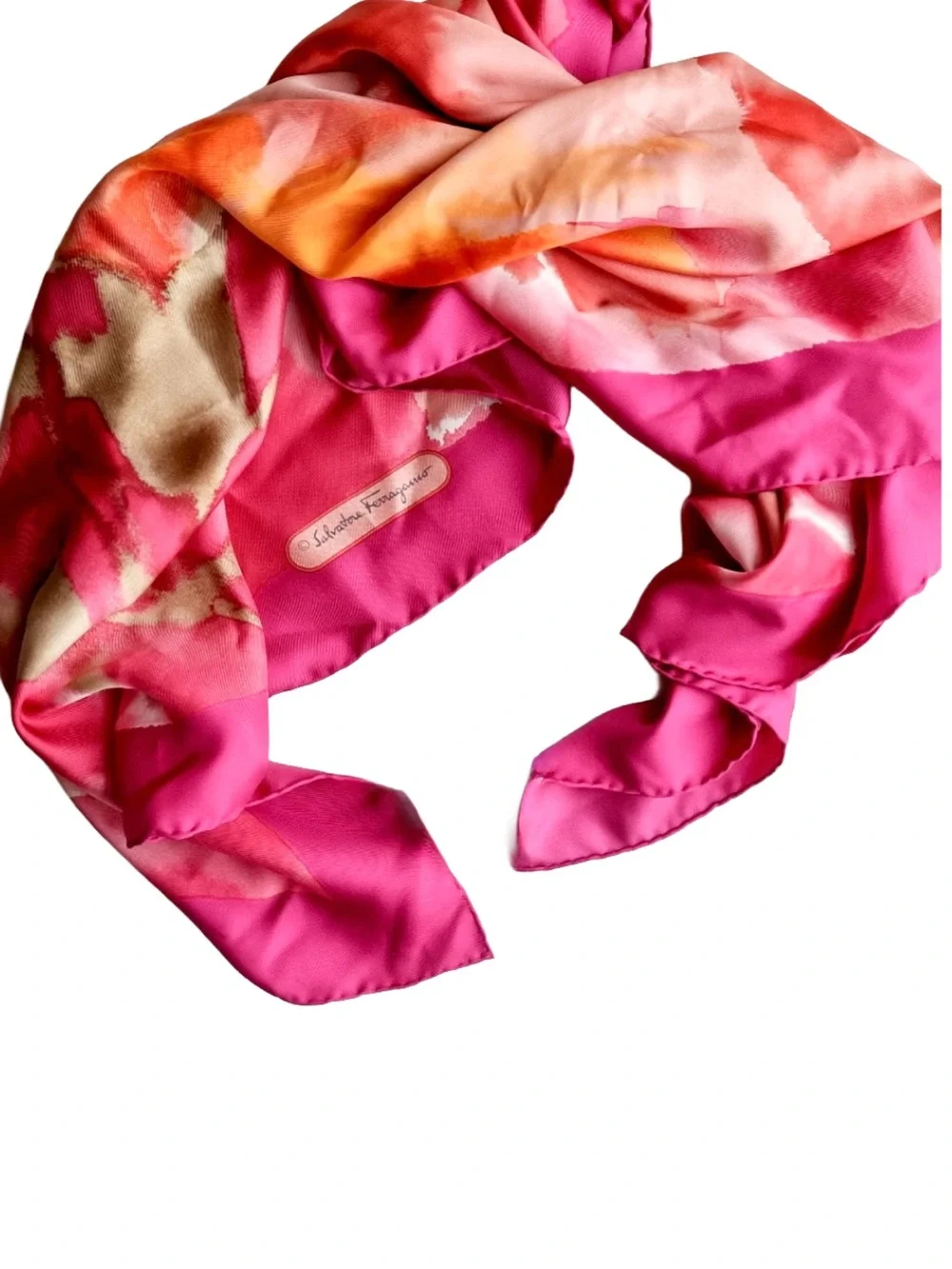 Salvatore Ferragamo Pink and Orange Watercolor Floral Vintage Silk Scarf